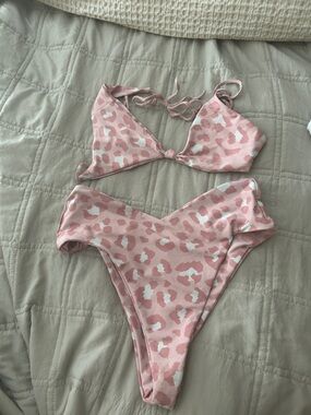 Skatie Pink Leopard Print Triangle Bikini Set